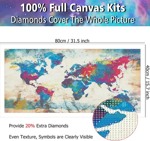 Vista 4 de YALKIN Kits de pintura de diamantes para adultos, pintura de diamantes 5D grande para bricolaje, mapa del mundo (31.5 x 15.7 pulgadas), pintura por