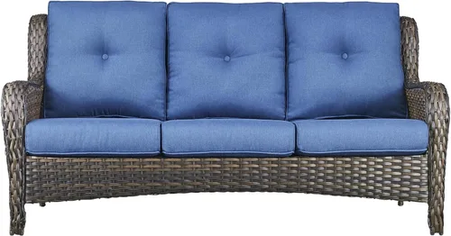 Vista 9 de Sofá Pop Patio de 2 plazas para exteriores con cojines gruesos de botones, respaldo alto, muebles de ratán de mimbre marrón resistentes y cómodos