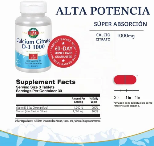 Vista 3 de KAL Citrato de calcio con tabletas D 1000 UI, 1000 mg, 90