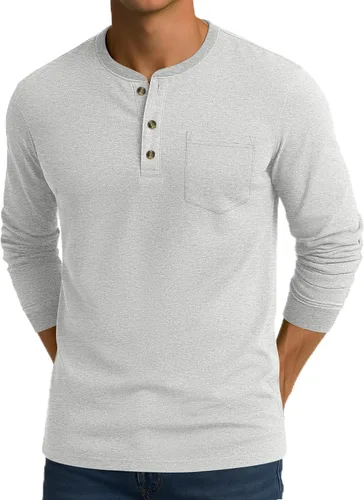 Vista 16 de CRYSULLY Camisa de manga larga para hombre, de algodón, con bolsillo de 3 botones, camisetas casuales elegantes ligeras tipo pullover