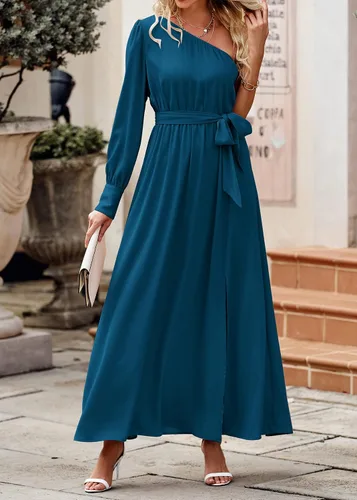 Vista 5 de KIRUNDO Vestido largo de satén de manga larga con un hombro para mujer, asimétrico, con lazo en la cintura, abertura en la cintura, para fiesta