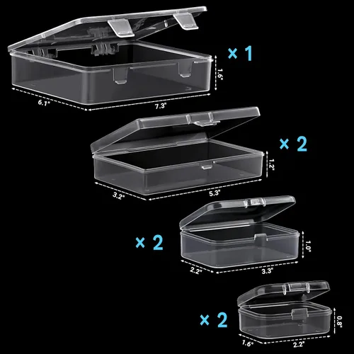 Vista 2 de Paquete de 7 mini recipientes de plástico rectangulares de varios tamaños, cajas de almacenamiento de plástico transparente con tapas con bisagras