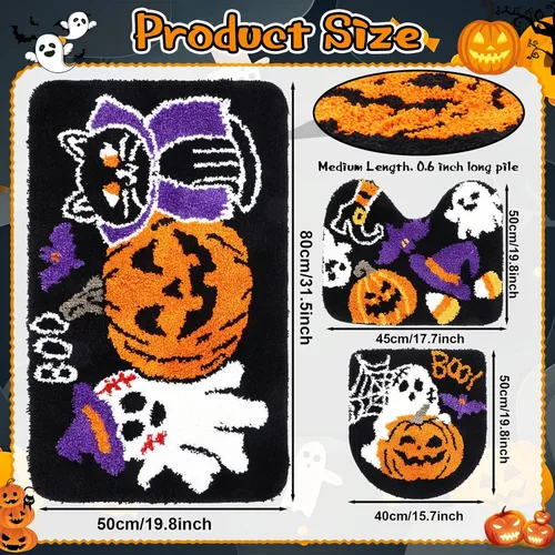 Vista 2 de Breling Juego de 3 piezas de alfombras de baño de Halloween, calabaza, antideslizante, lavable, alfombra de fantasmas, negra y púrpura, cubierta