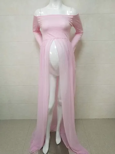 Vista 6 de Yuanlar Vestido de maternidad de manga larga con hombros descubiertos, vestido de gasa con abertura frontal para sesión de fotos