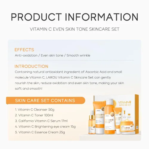 Vista 3 de Set de cuidado de la piel con vitamina C, kit hidratante para el cuidado de la piel de la cara con limpiador facial, suero facial, crema facial