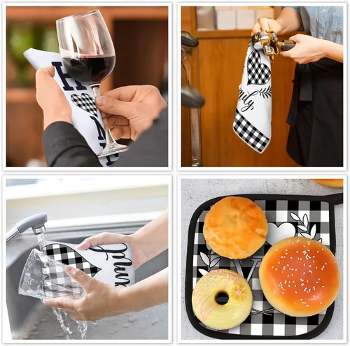 Vista 7 de Juego de 5 toallas de cocina a cuadros de búfalo, guantes de horno y soporte para ollas, toallas de cocina en blanco y negro, almohadillas calientes