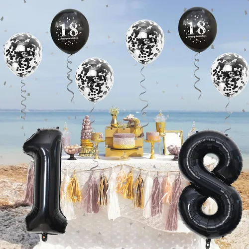 Vista 7 de Decoraciones de cumpleaños número 18 para niños y niñas, globo de aluminio con el número 18 de 40 pulgadas, globos de látex negros y metálicos