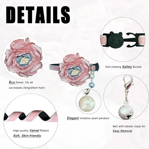 Vista 2 de Fupo Collar de gato - Breakaway ajustable con campana y flor (rosa)