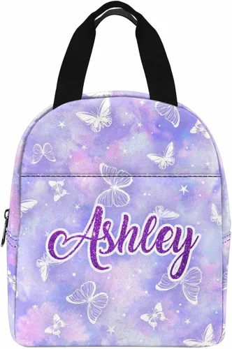 Vista 18 de InterestPrint Bolsa de almuerzo con nombre personalizado para hombres y mujeres, diseño de mariposa rosa y azul personalizada, caja de almuerzo