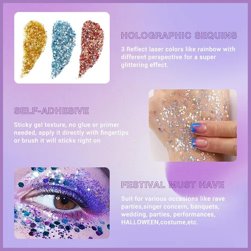 Vista 4 de BADCOLOR Juego de purpurina dorada, azul y rojo, purpurina holográfica brillante para cabello, uñas, labios, festivales de música, conciertos, rave