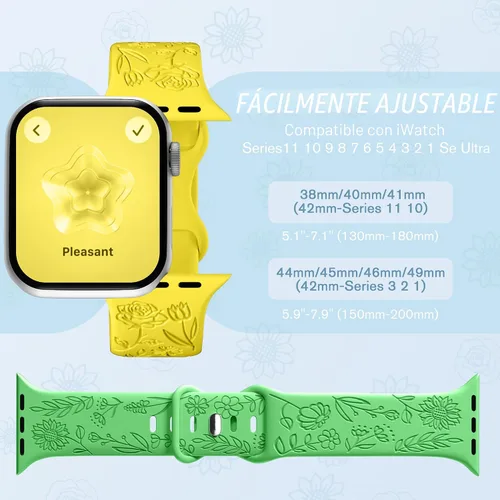 Vista 8 de SNBLK Paquete de 6 correas florales grabadas compatibles con Apple Watch de 40mm 41mm 42mm 38mm 44mm 45mm 46mm 49mm, mujeres y hombres, correa