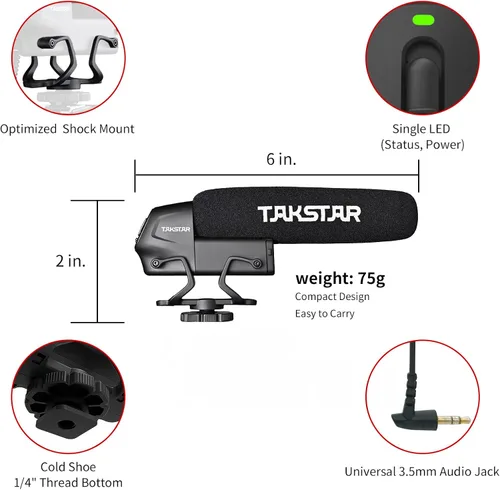 Vista 2 de TAKSTAR SGC-600 Micrófono universal para escopeta, micrófono de video para iPhone, teléfono Android, cámara Canon/Nikon/Sony y videocámara