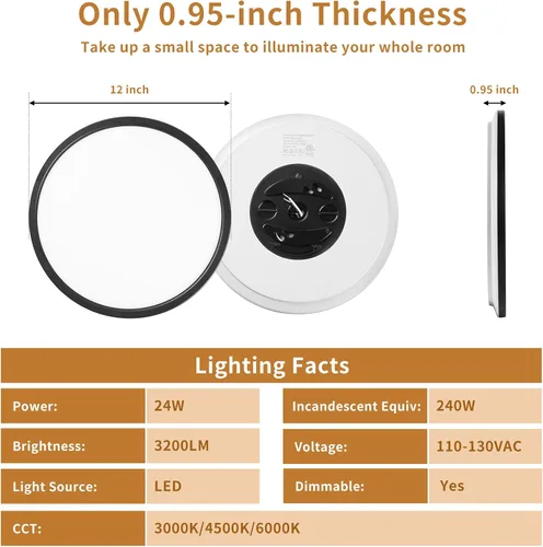 Vista 5 de Lámparas de techo de montaje empotrado de 3200 lm, color negro, 12 pulgadas, luces LED de techo regulables para dormitorio, CCT ajustable 3000K