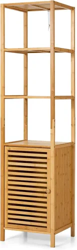Vista 10 de Tangkula Gabinete de baño de bambú, armario de almacenamiento con puerta de persiana y estantes de 3 niveles, gabinete de baño independiente