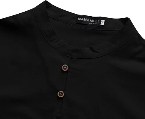 Vista 4 de NANAMEEI Camisa casual de lino para hombre, de manga larga, con botones, bolsillo y ajuste entallado