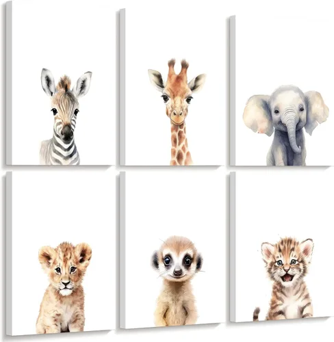 Vista 20 de Juego de 6 decoración de pared de animales marinos para guardería, lienzo de acuarela de océano, arte de pared para habitación de bebés y niños