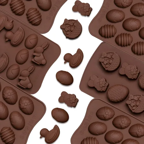 Vista 6 de Whaline 4 paquetes de moldes de silicona para huevos de Pascua, moldes de chocolate, conejo, conejo, pato, cesta de resina, molde de caramelo