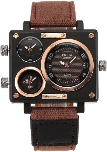 Vista 2 de Oulm 3595 Reloj para hombre analógico café correa de cuero 3 subesferas