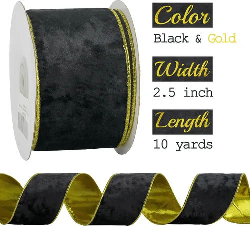 Vista 2 de MEEDEE Black and Gold Velvet Ribbon 2.5 inch with 10 Yards Spool Two Tone Velvet Wired Ribbon for Gift Wrapping, Halloween Wreaths, Christmas Tree