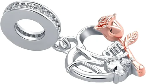Vista 2 de MZC Jewelry Dije de mamá para pulseras Pandora para mujeres y niñas, oro rosa, flor de amor, corazón, colgante, cuentas de madre de hija, hijo