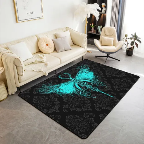 Vista 14 de Erosebridal Alfombra gótica de 3 x 5 pies, estilo bohemio, damasco, murciélago, sala de estar, antideslizante, negro, gris, azul, alfombra gótica