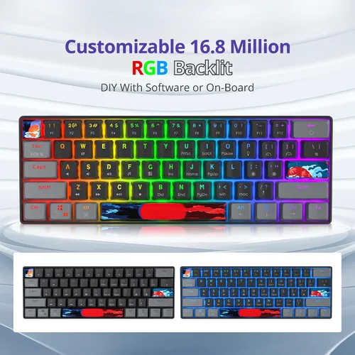 Vista 2 de Owpkeenthy Teclado mecánico con cable 60% para juegos con interruptor azul, teclado RGB ultra compacto, teclas retroiluminadas, teclas N-Key