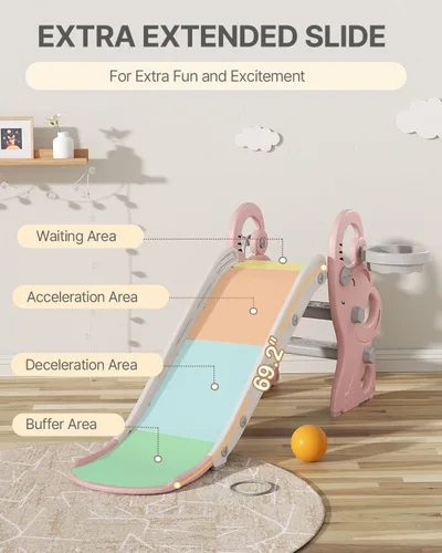 Vista 5 de Babytronic Tobogán para niños pequeños, juego de interiores y exteriores con aro de baloncesto y juego de anillos, tobogán plegable de plástico