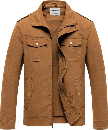 Vista 15 de Pursky Chaqueta Militar de Hombre Chaqueta de Algodón Lavado Casual con Capucha de Lienzo Abrigo de Otoño