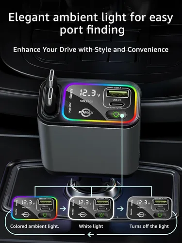Vista 5 de Cargador de coche retráctil USB C, cargador de coche tipo C de 145 W, carga rápida con cable USB C retráctil dual y puertos USB para iPhone