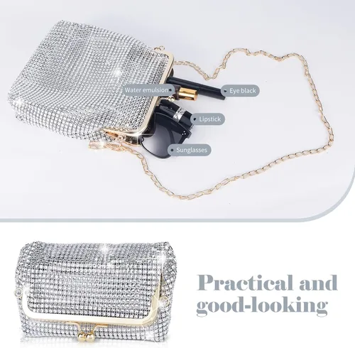 Vista 4 de QLBO Pequeño bolso plateado brillante para mujer, bolso de mano plateado con lentejuelas, bolso de mano plateado con diamantes de imitación