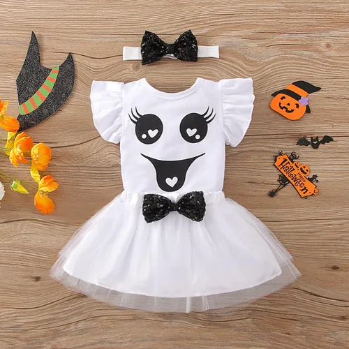 Vista 2 de IMEKIS Mameluco de Halloween para bebé, disfraz de calabaza fantasma, falda tutú, diadema, cumpleaños, sesión de fotos