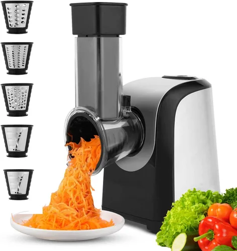 Vista 4 de Rallador Eléctrico de Queso, Rallador Rotatorio Profesional 5 en 1 para Queso y Verduras, Tirador Eléctrico de Ensalada Espiralizador