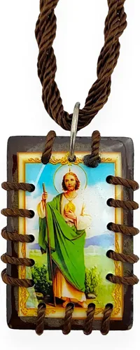 Vista 2 de San Judas - Collar de madera marrón con diseño de escapulario chapado en oro, reversible, diseño de Escapulario Madera San Judas Tadeo, Madera, No