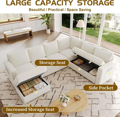 Vista 7 de Sofá modular modular en forma de U de 106.7 pulgadas con cama extraíble y almacenamiento, moderno sofá convertible de 7 asientos, cómodo seccional