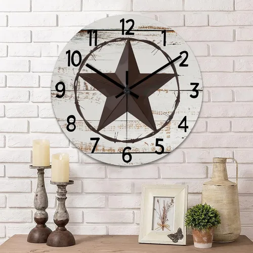 Vista 9 de Reloj de pared rústico de estilo retro clásico con estrella de Texas occidental, reloj de madera, silencioso, sin tictac, funciona