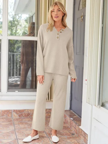 Vista 4 de LILLUSORY Conjunto de 2 piezas de moda de gran tamaño para mujer, conjunto holgado a juego de sudadera de punto acogedor, Albaricoque
