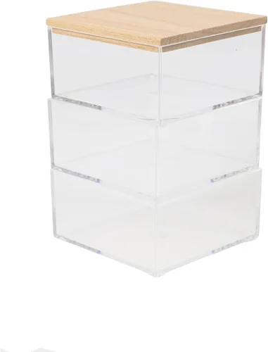 Vista 15 de Martha Stewart Brody - Contenedores organizadores de plástico con tapas de madera de paulownia para oficina en casa, cocina o baño, paquete de 3