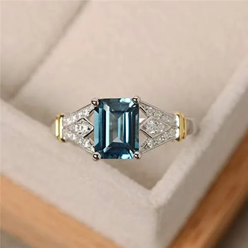 Vista 2 de Anillo de boda de boda de oro blanco de 14 quilates con piedras preciosas de aguamarina vintage para mujer (6)