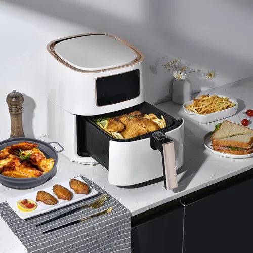 Vista 2 de Forros reutilizables de silicona para freidora de aire, 2 unidades, accesorios plegables redondos de 7.5 pulgadas, reemplazo de forros de papel
