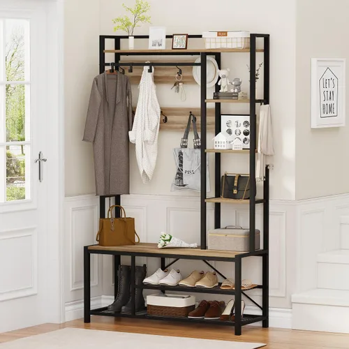 Vista 11 de BON AUGURE Árbol de pasillo con banco y almacenamiento para zapatos, banco de entrada con perchero, árbol de abrigos de madera y metal con ganchos