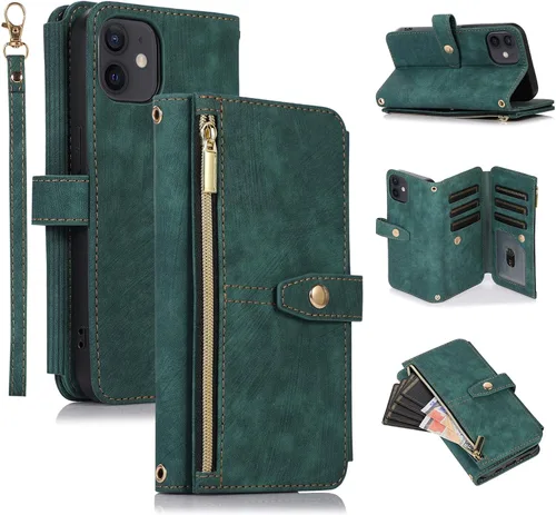 Vista 17 de UEEBAI Funda tipo cartera para iPhone 11 de 6.1 pulgadas, 9 ranuras para tarjetas retro con bolsillo con cremallera, cierre magnético, función atril