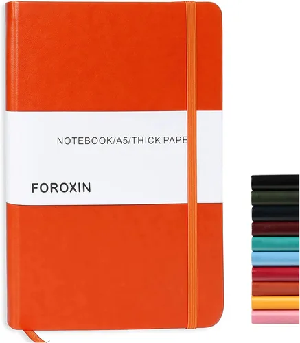 Vista 20 de Cuaderno rayado de tapa dura, tamaño A5, con forro de 8.3 x 5.7 pulgadas, papel grueso premium de 80 gsm (100 hojas/200 páginas). Tapa dura de piel