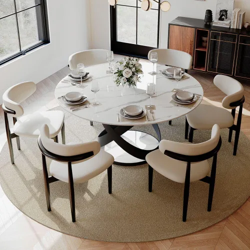 Vista 23 de POVISON Juego de 4 sillas de comedor redondas de lino y algodón con mesa de comedor de vidrio (mesa de comedor de 51 pulgadas + 4 sillas)