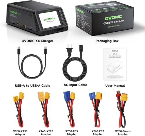 Vista 6 de OVONIC Cargador de equilibrio X4 LiPo AC 500W 4 canales Auto Power Asignación, 15A por canal, LiPo/Li-Ion/LiHV/Life 1-6S, NiMH 3-18S, protecciones