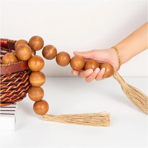 Vista 153 de OMISHE Guirnalda de cuentas de madera extra grande con cuentas de madera y borlas de 1.6 pulgadas de diámetro, cuentas decorativas rústicas de 41