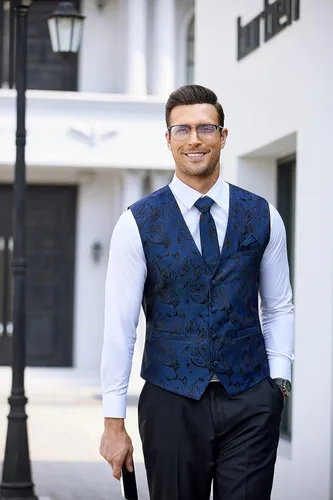 Vista 4 de COOFANDY Conjunto de chaleco de cachemira para hombre, 3 piezas, chaleco formal, chaleco de esmoquin con bolsillo cuadrado