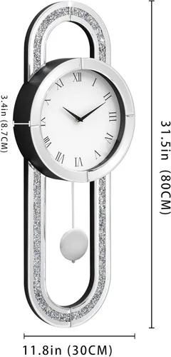 Vista 4 de SHYFOY Reloj de pared decorativo, reloj de péndulo con espejo de 31.5 pulgadas, reloj de pared grande silencioso de lujo con diamante triturado