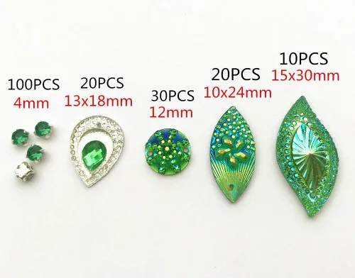 Vista 3 de 180 piezas de formas mixtas impresionantes gemas verdes cosidas en diamantes de imitación facetados con parte trasera plana joyería de cristal