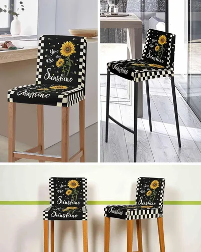 Vista 5 de Funda elástica para silla de bar con diseño de girasoles y flores de granja vintage, a cuadros negros, extraíble, lavable, para cocina, comedor