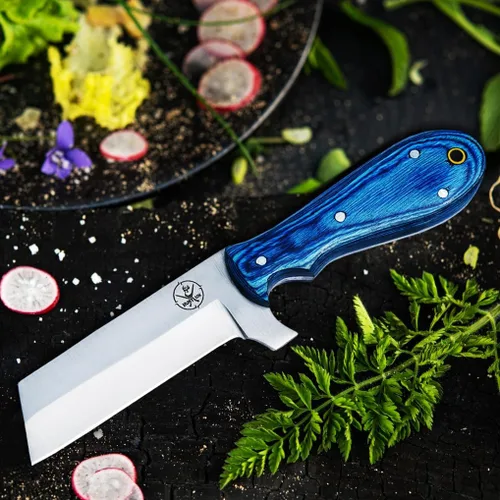 Vista 8 de Cuchillo cortador de toros de acero inoxidable de 8 pulgadas con funda para cinturón, cuchillo vaquero de espiga completa con mango de madera, hoja